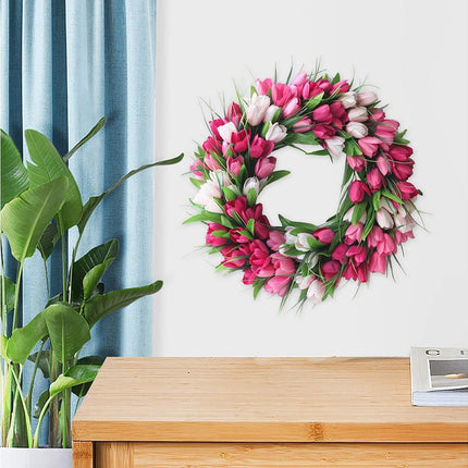 Artificial Tulip Flower Wreaths for Front Door Farmhouse Pink Wreath Spring Flower Branch Door Wreath for Outdoor Indoor Wall.