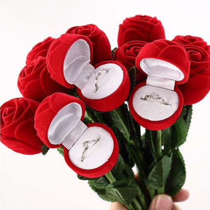 Beautiful Rose Shape Ring Box Romantic Decorative Fabric Ring Display Case Wedding Supplies - Red.