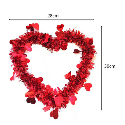 Door Hanging Wreath Romantic Heart Shape Tinsel Anti-fade Valentines Day Wreath Ornament Photography Props - Red.