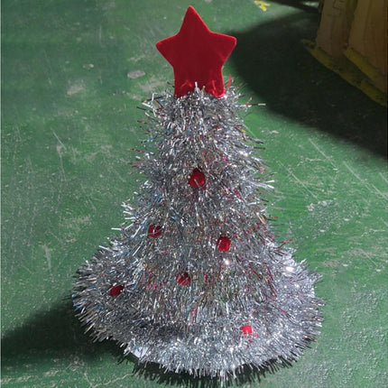 Green Ribbon Hat with Plush Small Ball Star Cap Top Xmas Dress Up Cloth Xmas Performance Wear Hat for Christmas - Silver.