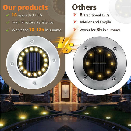 Outdoor Solar Buried Lights, 16 Led Warm White Waterproof Stainless Steel Spotlights For Patio, Yard Garden Path, Garage Walkway Decoration.