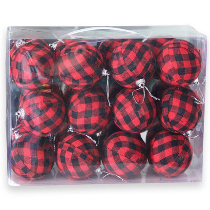 Plaid Ball Ornaments Christmas Decor Fabric Wrapped Balls Xmas Holiday For Home Decoration,Red And Black Plaid-24/Box.