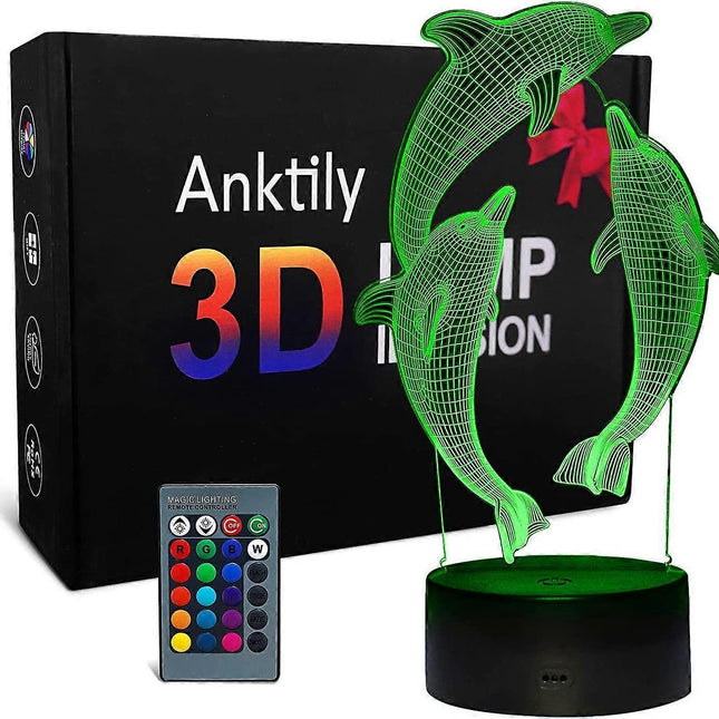 3D Dolphin Night Light LED Optical Illusion Night Light babies Table Bedside Lamp 16 Colors and Remote Control Birthday Christmas Gifts.