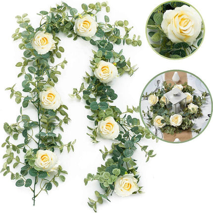 Artificial Eucalyptus Garland with Flowers Champagne Roses Long Fake Flower Garland Eucalyptus Leaves Greenery Garland.