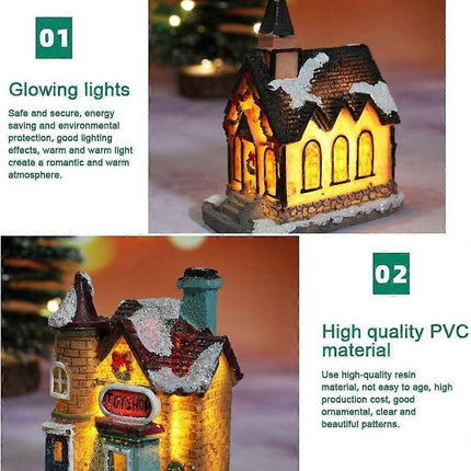 Christmas Scene Village Houses LED Christmas Decorations Resin Snow House with Warm White Light Battery Powered.