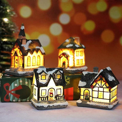 Christmas Scene Village Houses LED Christmas Decorations Resin Snow House with Warm White Light Battery Powered.