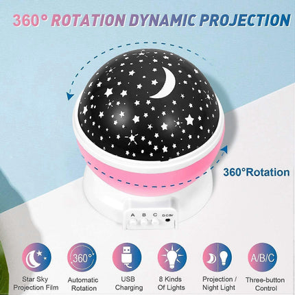 Babies Night Light Moon Star Projector - USB Cable 360 Degree Rotation Romantic Night Lighting LED Night Light for Decoration (Pink).