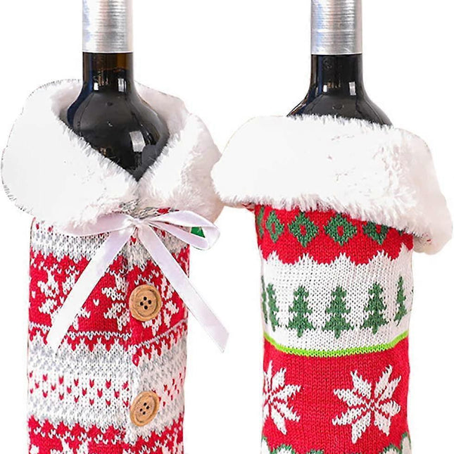 Wrap the knitted wine bottle sleeves with a faux fur collar for Christmas decorations.