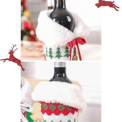 Wrap the knitted wine bottle sleeves with a faux fur collar for Christmas decorations.