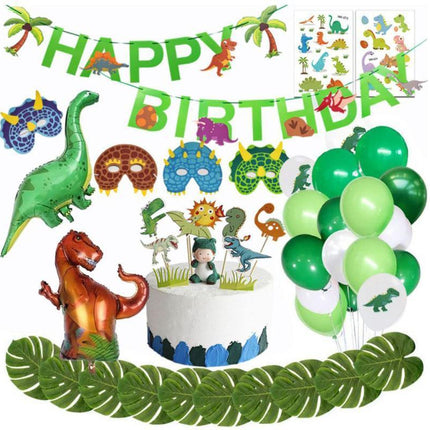 Dinosaur birthday Decoration set, happy birthday garland and large dinosaur foil balloons with cake topper.