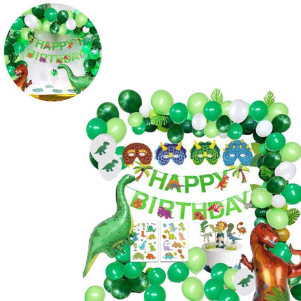 Dinosaur birthday Decoration set, happy birthday garland and large dinosaur foil balloons with cake topper.