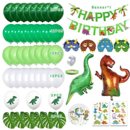 Dinosaur birthday Decoration set, happy birthday garland and large dinosaur foil balloons with cake topper.