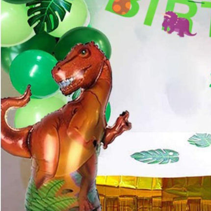 Dinosaur birthday Decoration set, happy birthday garland and large dinosaur foil balloons with cake topper.