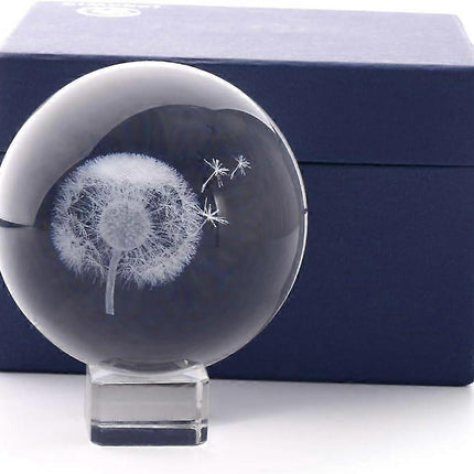 3D Dandelion Crystal Ball PaperweightLaser Engraved Glass Sphere Display Globe Meditation Ball Home Decor with Crystal Stand.