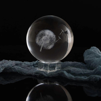3D Dandelion Crystal Ball PaperweightLaser Engraved Glass Sphere Display Globe Meditation Ball Home Decor with Crystal Stand.