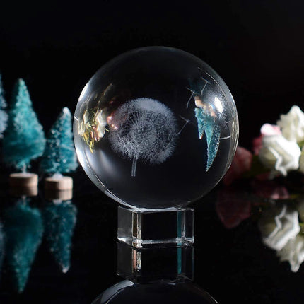 3D Dandelion Crystal Ball PaperweightLaser Engraved Glass Sphere Display Globe Meditation Ball Home Decor with Crystal Stand.