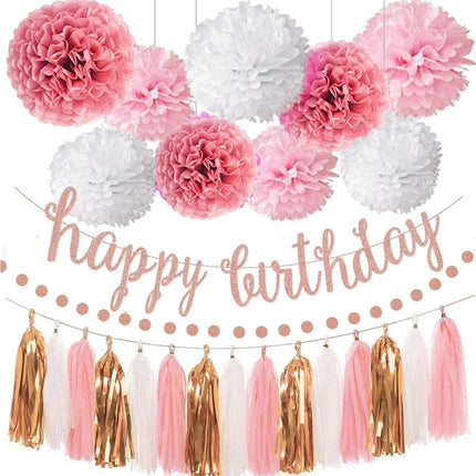 Pink Rose Gold Birthday Party Decorations Set, Rose Gold Glittery Happy Birthday Banner, Tissue Paper Pom.