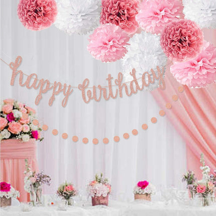 Pink Rose Gold Birthday Party Decorations Set, Rose Gold Glittery Happy Birthday Banner, Tissue Paper Pom.
