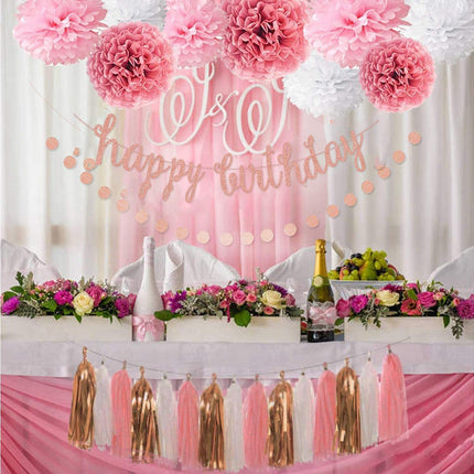 Pink Rose Gold Birthday Party Decorations Set, Rose Gold Glittery Happy Birthday Banner, Tissue Paper Pom.