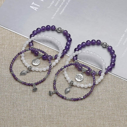 3pcs Amethyst Rose Quartz Crystal Beaded Chakra Bracelet Natural Healing Energy Lotus Charm Beads Stone Reiki Stackable Stretch Bracelets Set.