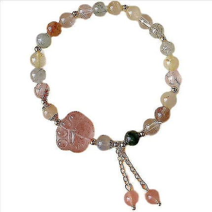 Natural Pink Strawberry Crystal Cat's Claw Pendant Tassel Bracelet.
