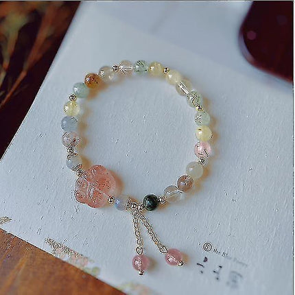 Natural Pink Strawberry Crystal Cat's Claw Pendant Tassel Bracelet.
