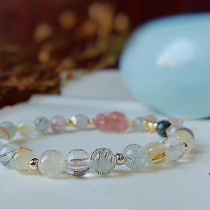Natural Pink Strawberry Crystal Cat's Claw Pendant Tassel Bracelet.