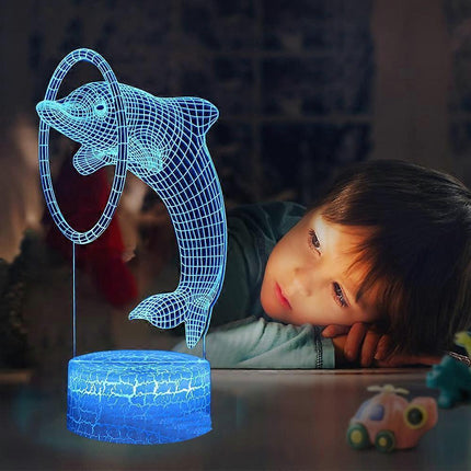 Dolphin series 3D night light remote controlled table lamp with LED color transition.