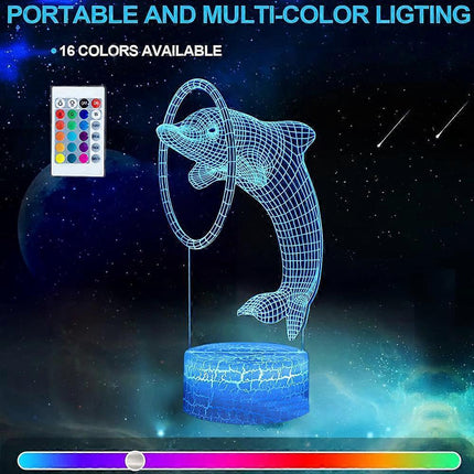 Dolphin series 3D night light remote controlled table lamp with LED color transition.