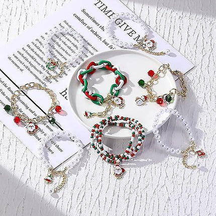 Christmas Beaded Pendant Bracelet Adjustable Christmas Tree Claus Snowman Crystal Imitation Pearl Pendant Chain Bracelet For Women Christmas Gifts.