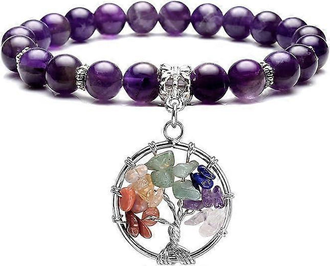 Healing Crystals Beaded Bracelet 7 Chakra Yoga Meditation Stone Bracelets Tree of Life Stretch Bracelet for Women Girls.