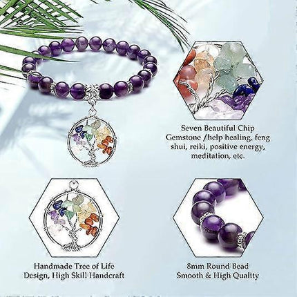 Healing Crystals Beaded Bracelet 7 Chakra Yoga Meditation Stone Bracelets Tree of Life Stretch Bracelet for Women Girls.