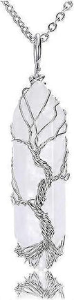 Natural Healing Crystal Stone Necklace Silver Tree Of Life Wire Wrapped Hexagonal Crystal Points Pendant Necklace for Women.
