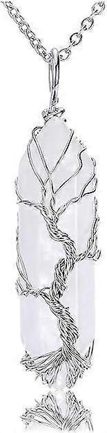 Natural Healing Crystal Stone Necklace Silver Tree Of Life Wire Wrapped Hexagonal Crystal Points Pendant Necklace for Women.