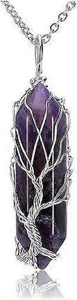 Natural Healing Crystal Stone Necklace Silver Tree Of Life Wire Wrapped Hexagonal Crystal Points Pendant Necklace for Women.