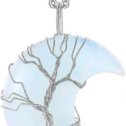 Tree of Life Wire Wrapped Crescent Moon Pendant Necklace Reiki Healing Crystal Stone Necklaces Natural Gemstone Quartz Jewelry for Women.