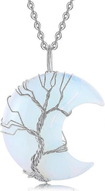 Tree of Life Wire Wrapped Crescent Moon Pendant Necklace Reiki Healing Crystal Stone Necklaces Natural Gemstone Quartz Jewelry for Women.