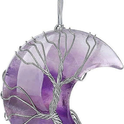Tree of Life Wire Wrapped Crescent Moon Pendant Necklace Reiki Healing Crystal Stone Necklaces Natural Gemstone Quartz Jewelry for Women.