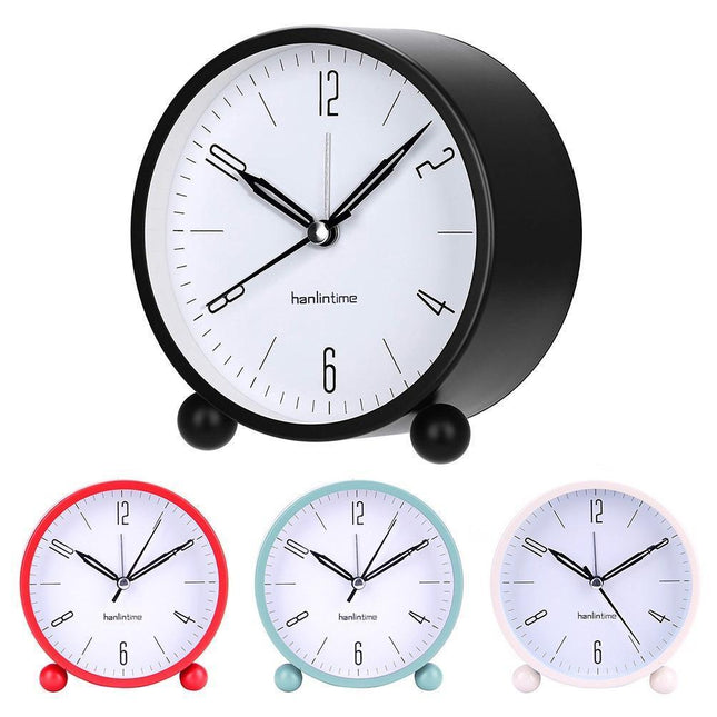 4inch Metal Round Alarm Clock Quiet Desktop Bedroom Battery Operated Timepiece - Black.
