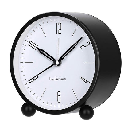 4inch Metal Round Alarm Clock Quiet Desktop Bedroom Battery Operated Timepiece - Black.