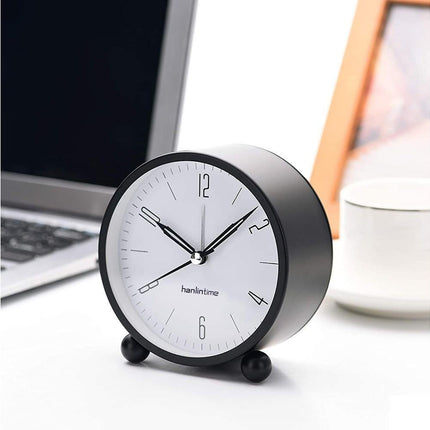 4inch Metal Round Alarm Clock Quiet Desktop Bedroom Battery Operated Timepiece - Black.