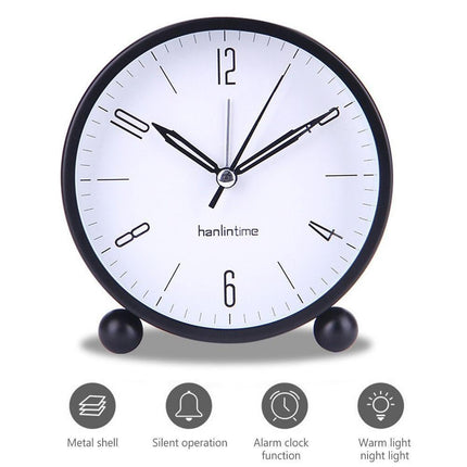 4inch Metal Round Alarm Clock Quiet Desktop Bedroom Battery Operated Timepiece - Black.