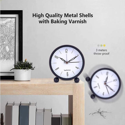 4inch Metal Round Alarm Clock Quiet Desktop Bedroom Battery Operated Timepiece - Black.