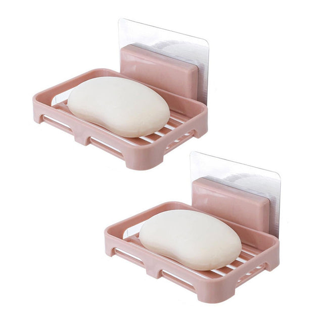 2Pcs/Set Soap Box No Drilling Easy to Install Ventilated Drained Wall Mounted Shower Soap Holder for Bathroom-Pink.