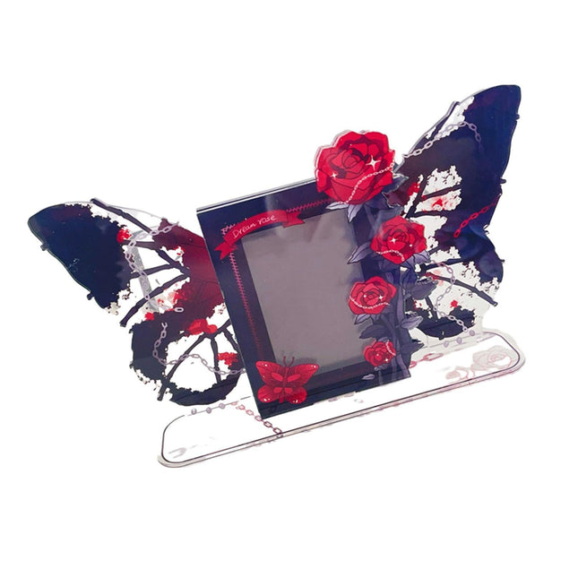 Acrylic Photocard Holder Rose Lily Flower Theme Heavy Duty Standing Mini Photo Stand Picture Display Frame Table Decoration - Red.
