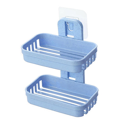 Soap Rack Multifunctional Punch-free Hollow Design Wall-mounted Double-deck Drainage Soap Storage Holder for Bathroom-Blue.