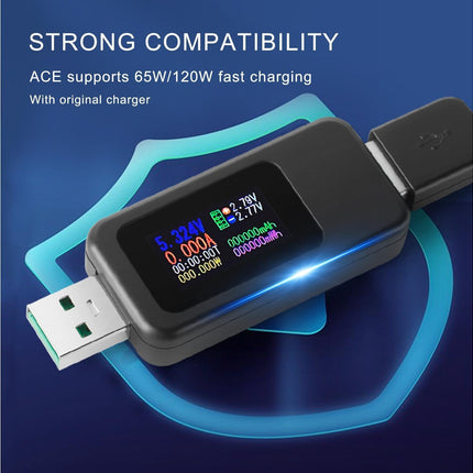 USB Tester LCD Digital Display Rapid Identification Plug And Play 160-Degree Wide Viewing Angle 65W/120W Charger Tester for Mobile Phone - Black.
