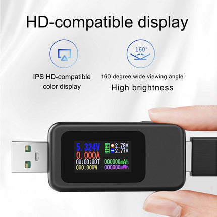 USB Tester LCD Digital Display Rapid Identification Plug And Play 160-Degree Wide Viewing Angle 65W/120W Charger Tester for Mobile Phone - Black.