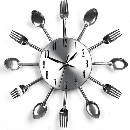 Stainless Steel Kitchen Utensils Clock For Kitchen  Indoor And Outdoor Kitchen Cutlery Silver Wall Clock With Tinted Forks Spoons Spatula.