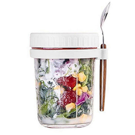 1pc 350ml Glass Oats Container with Lid & Spoon Salad Jar Cup White.